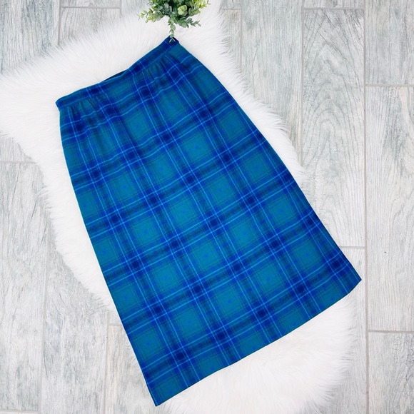 70's Blue Plaid Tartan Wool Skirt